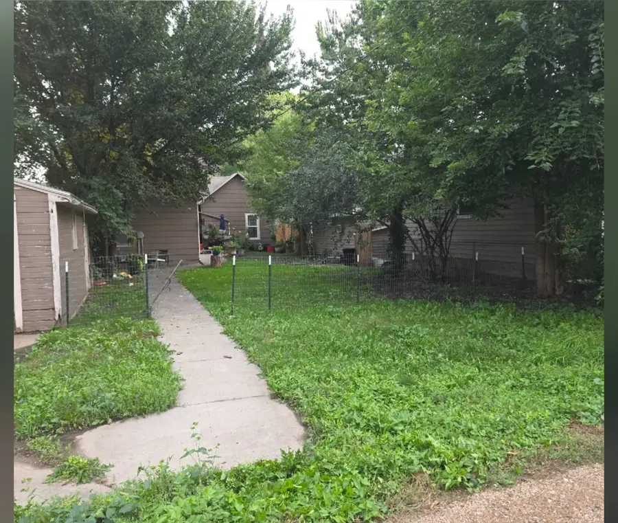 A backyard with long grass and weeds either side of a concrete path, before mowing