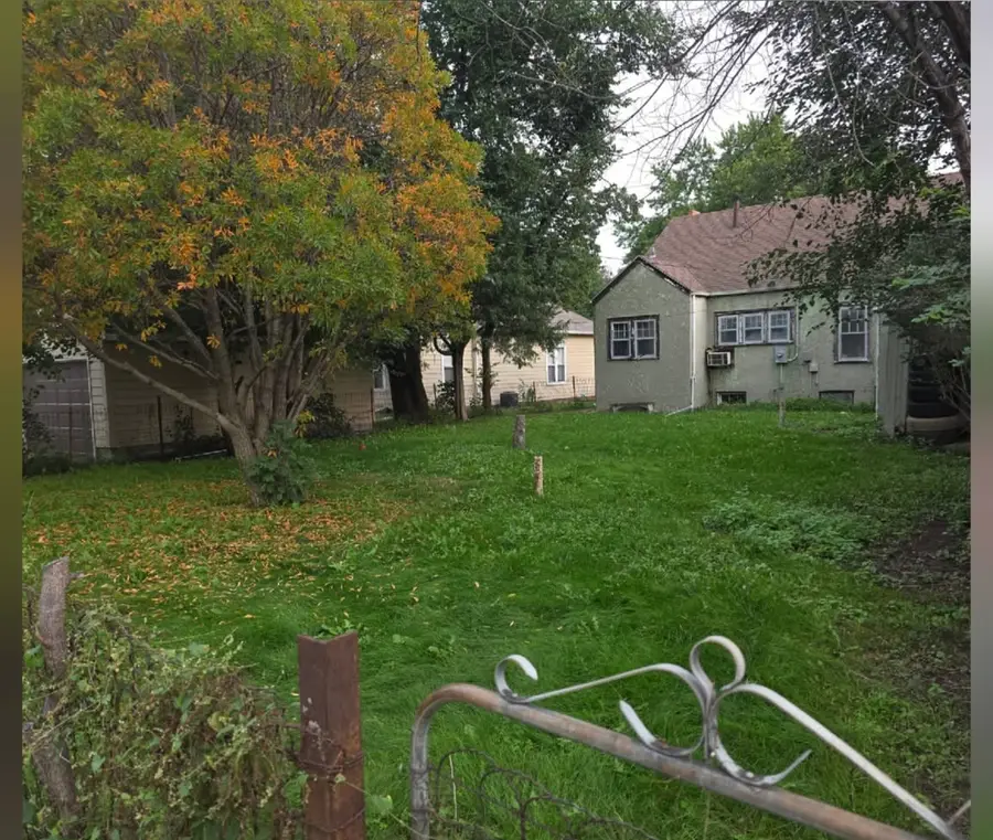 A sloping backyard with long grass and fallen leaves under a tree turning orange, before mowing