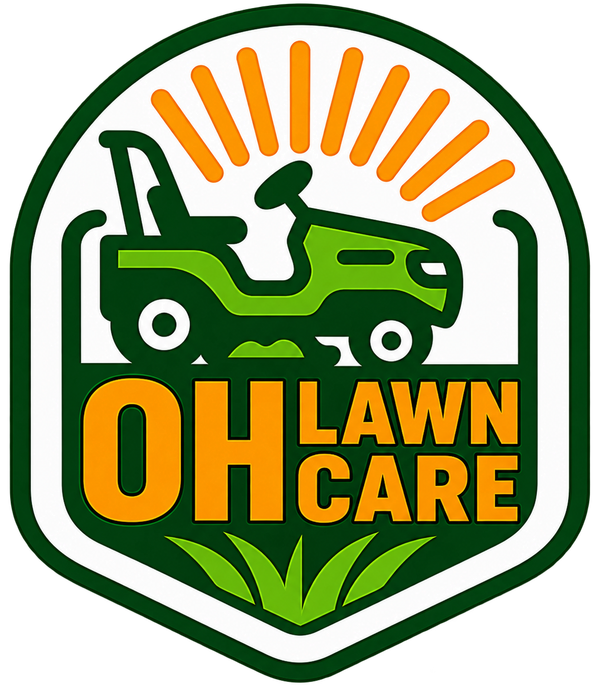 OH Lawn Care logo: a green ride-on mower under orange sun rays